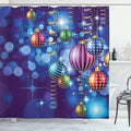 Ambesonne Christmas Shower Curtain, Happy New Year Party Celebrations Swirling Ornaments and Balls Print, Cloth Fabric Bathroom Decor Set with Hooks, 69" W x 70" L, Indigo