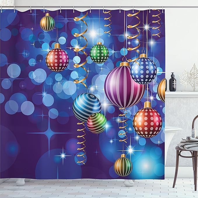 Ambesonne Christmas Shower Curtain, Happy New Year Party Celebrations Swirling Ornaments and Balls Print, Cloth Fabric Bathroom Decor Set with Hooks, 69" W x 70" L, Indigo