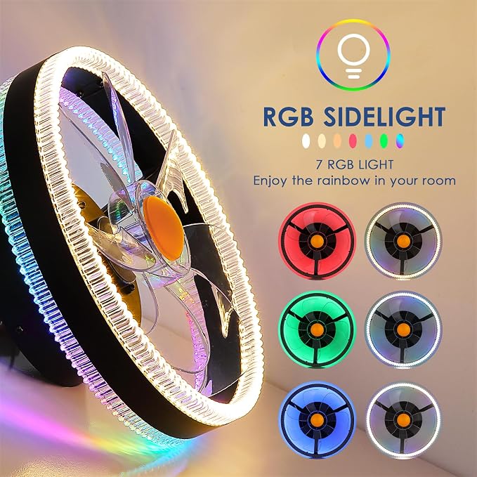 Mpayel Flush Mount Ceiling Fans with Lights - RGB Low Profile Ceiling Fan,13" Small Dimmable LED Bladeless Ceiling Fans, Modern Enclosed LED-RGB Ambient Light for Bedroom, Kids Room, Party