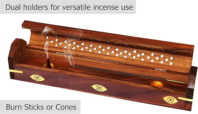 Sheesham Wood Incense Burner Holder – 2 Pack Handcarved Coffin Style Evil Eye Inlay Incense Box - Hidden Storage & Ash Catcher – Aromatherapy Incense Stick & Cone Burner - 12x2x2 – COTTON CRAFT