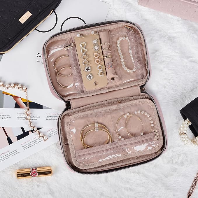 NISHEL Travel Jewelry Case Organizer, Tangle-Free Necklace Storage Bag | Stores rings, earrings, bracelets and watches in a compact case for travel and daily use, Peach Pink, Medium