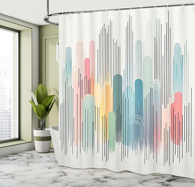 Ambesonne Colorful Shower Curtain, Simple Minimalist Design Abstract Rainbow Tone Stripes of Modern Joy, Cloth Fabric Bathroom Decor Set with Hooks, 69" W x 84" L, Multicolor White Grey
