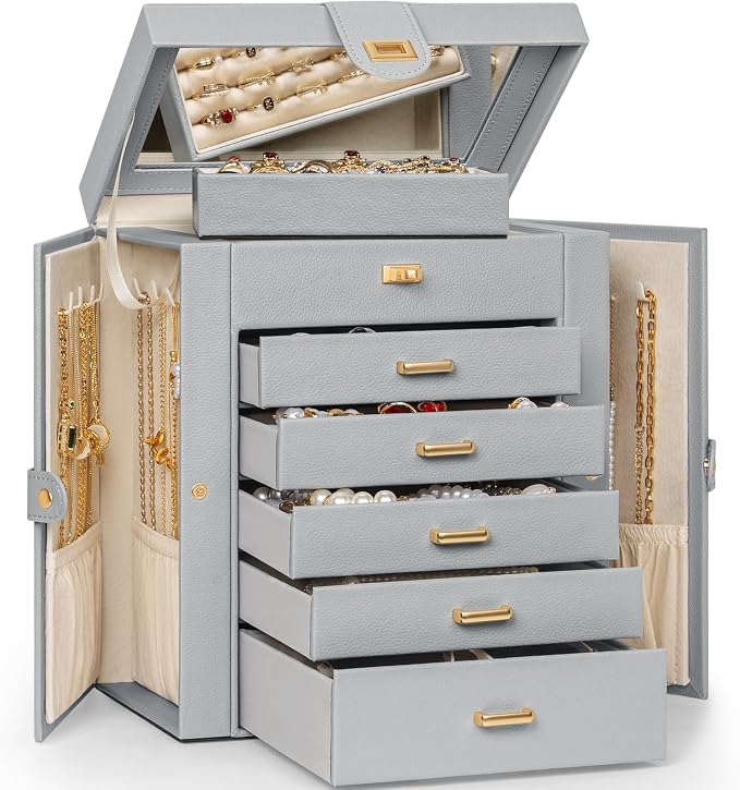 AKOZLIN 6-Tier Jewelry Box Organizer Functional 5 Drawers Leather Jewelry Storage Case for Women Girls Ring Necklace Earring Bracelet Holder Organizer with Mirror Medium Grey