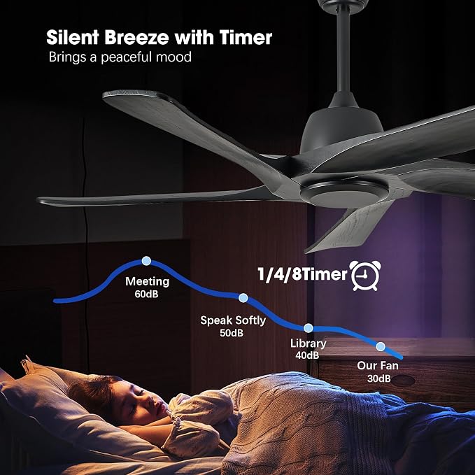 52“ DC Ceiling Fan No Light, 5 Solid Wood Fan Blades, Remote and APP Control, 6-speed Reversible, Quiet Ceiling Fan without Lights for Bedroom, Living Room, Office, Black