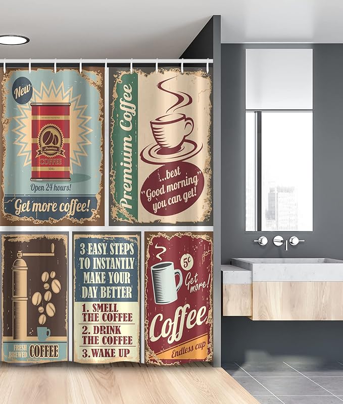 Ambesonne 1950s Stall Shower Curtain, Coffee Posters and Signs Design Bean Cup Espresso Mug Cappuccino Logo Print, Fabric Bathroom Decor Set with Hooks, 54" W x 78" L, Red Blue