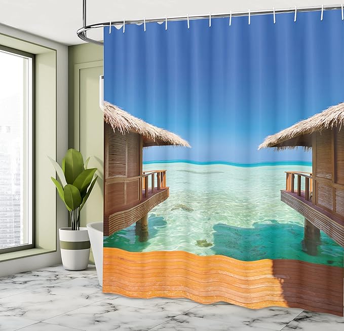 Ambesonne Beach Shower Curtain, Water Bungalows on Tropical Maldives Island Nature Landscape Journey, Cloth Fabric Bathroom Decor Set with Hooks, 69" W x 70" L, Orange Blue Pale Brown