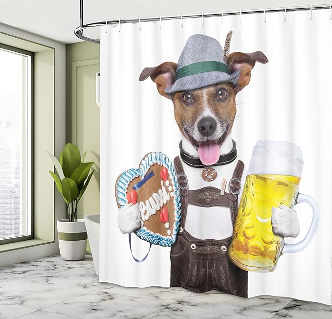 Ambesonne Oktoberfest Shower Curtain, Oktoberfest Dog with Beer Mug and Gingerbread Heart Smiling Happy Times Art, Cloth Fabric Bathroom Decor Set with Hooks, 69" W x 84" L, Yellow Brown