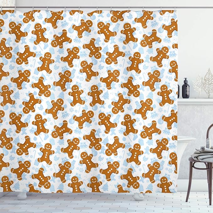 Ambesonne Gingerbread Man Shower Curtain, Traditional Christmas Cookie Pattern Tile, Cloth Fabric Bathroom Decor Set with Hooks, 69" W x 84" L, Light Caramel