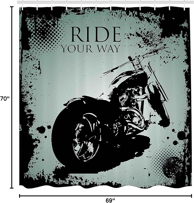 Ambesonne Vintage Shower Curtain, Retro Motorcycle with Black Dots and Splatters Chopper Road Trip Artwork, Cloth Fabric Bathroom Decor Set with Hooks, 69" W x 70" L, Black and Pale Blue
