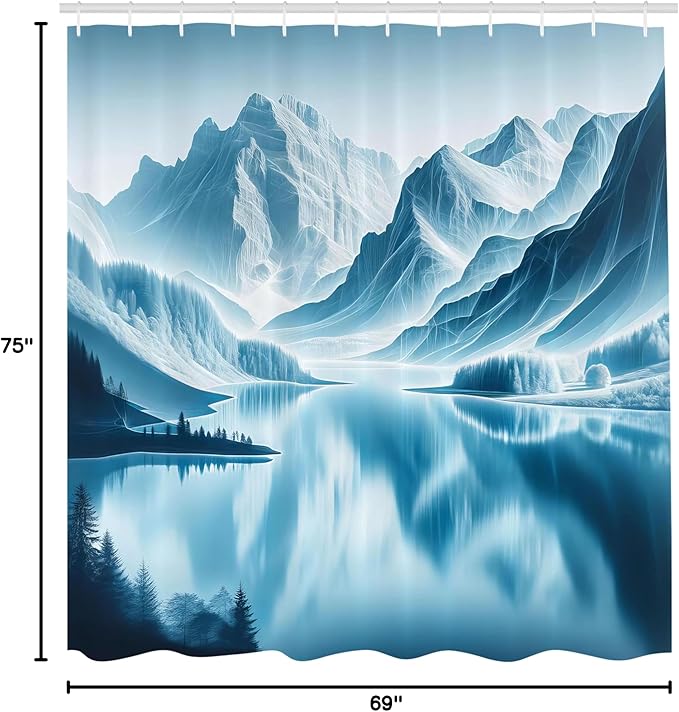 Ambesonne Lake Shower Curtain, Cold Mountain Peaks Hazy Reflection on ICY Water Nature Scenery Winter View, Cloth Fabric Bathroom Decor Set with Hooks, 69" W x 75" L, Pale Blue Petrol Blue