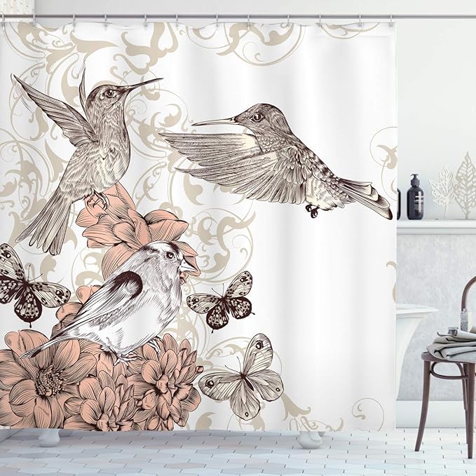 Ambesonne Hummingbird Shower Curtain, Vintage Style Art with Birds Butterflies on Blossoms Ornamental Background, Cloth Fabric Bathroom Decor Set with Hooks, 69" W x 70" L, Brown Tan