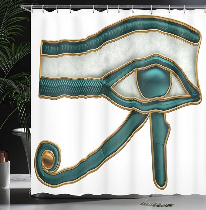 Ambesonne Egyptian Print Shower Curtain, Eye Pattern Egyptian of Protection Image, Cloth Fabric Bathroom Decor Set with Hooks, 69" W x 70" L, Yellow Emerald