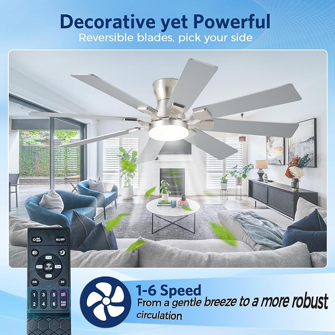 JSAITEE 52Inch Ceiling Fan with Lights Flush Mount Low Profile, Nickel | Ceiling Fans,DC Reversible Motor Noiseless, 3CCT Dimmable, Dual Finish, 6 Speeds Ceiling Fan for Indoor/Outdoor