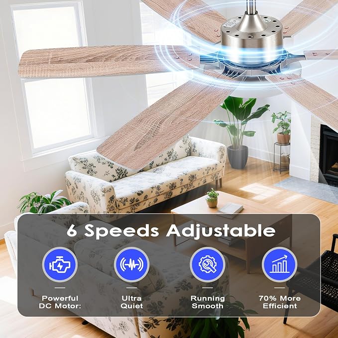 Hounberi 52 Inch Brushed Nickel Ceiling Fan with Light and Remote Control, Reversible DC Motor, Noiseless, Dimmable, 3CCT, 6 Speeds, Modern Ceiling Fan for Living Room, Bedroom, Indoor/Outdoor Use