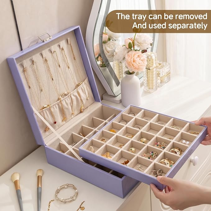 Frebeauty 50 Grid Earring Holder Organizer,2 Layer Jewelry Box for Women | Faux Leather,Velvet Lining,Adjustable Divider,Jewelry Organizer for Ring Necklace and Bracelet,for Home Use and Jewelry Store