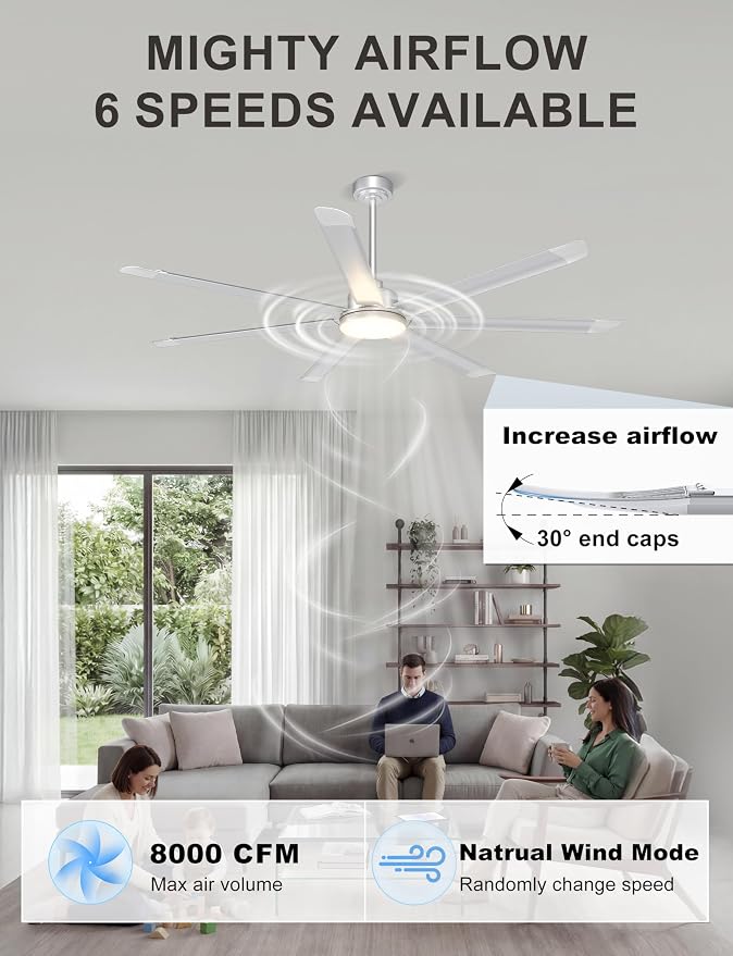 Ohniyou 72'' Industrial Ceiling Fan with Light for Patio, Garage, Silver | 8000 CFM Airflow, 35dB DC Motor, 7 Aluminum Blades, 3CCT Dimming, Remote/APP Control, Covered Outdoor Metal Fan