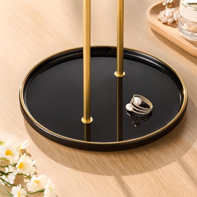 Jewelry Stand with Ceramic Tray, Necklace Holder, Gold Bar Black Base
