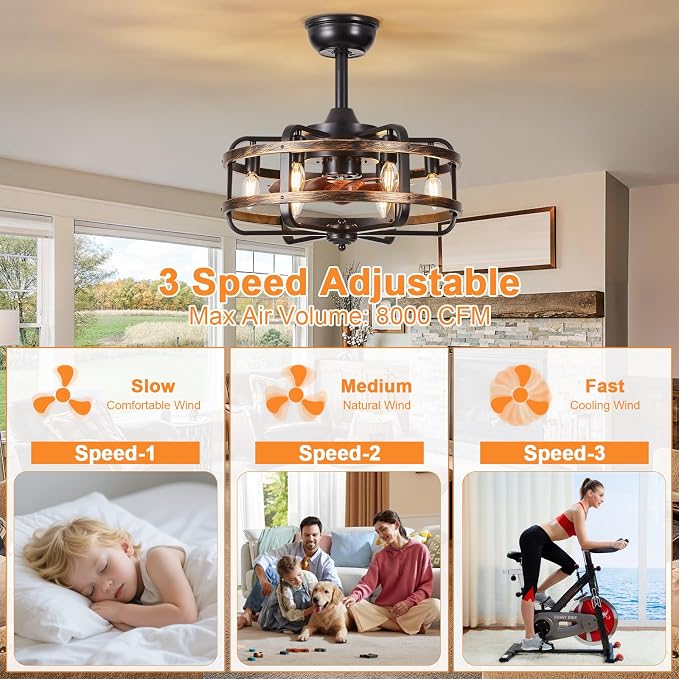 Caged Ceiling Fans with Lights Black Farmhouse 18‘’ Flush Mount Bladeless Rustic Chandeliers Fan Lights with Remote Vintage Reversible Ceiling Fan for Living Room Bedroom Kitchen 6 Light Bulb Base E12
