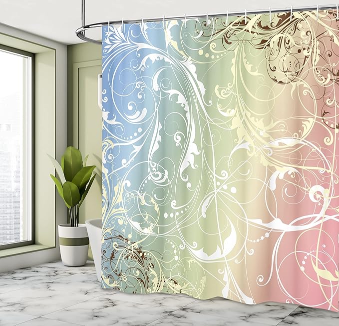 Ambesonne Floral Shower Curtain, Baroque Swirl Branches Curved Flower Leaves Shabby Form Nature Pattern, Cloth Fabric Bathroom Decor Set with Hooks, 69" W x 84" L, Pale Sky