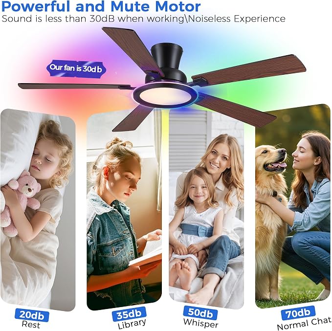 Ayaoty Ceiling Fans with Lights - 52in Flush Mount Ceiling Fan with RGB Dimmable, 3CCT 6 Wind Speeds and Reversible Quiet Motor, Low Profile RGB Fan Light for Modern Indoor, Party - Brown