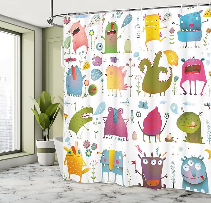 Ambesonne Funny Shower Curtain, Cartoon Monsters Design Let's Dance Boho Groovy Fun Creatures in Garden, Cloth Fabric Bathroom Decor Set with Hooks, 69" W x 75" L, Green Blue