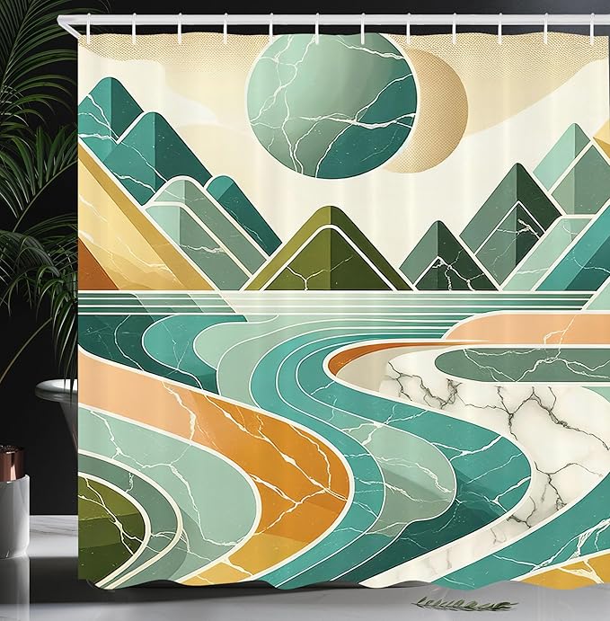 Ambesonne Lake Shower Curtain, Mid Century Modern Inspired Mountain Sun Nature Scene Minimal Marble Print, Cloth Fabric Bathroom Decor Set with Hooks, 69" W x 75" L, Amber and Seafoam