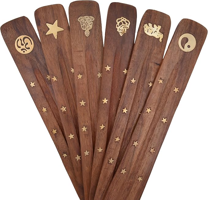 ® Wooden Incense Burner Flat Ash Catcher Assorted Designs with Brass Inlay (12)