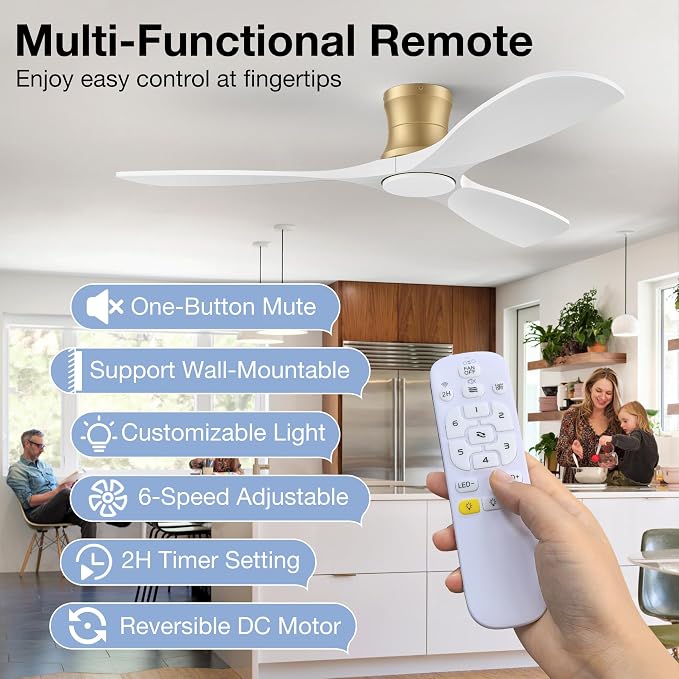 52 Inch Wood Ceiling Fans with Lights and Remote,Low Profile Flush Mount Ceiling Fan with Light,Outdoor Indoor Modern Ceiling fan for Bedroom Living room Patio,White and Gold,3 Blades,Reversible,Quiet