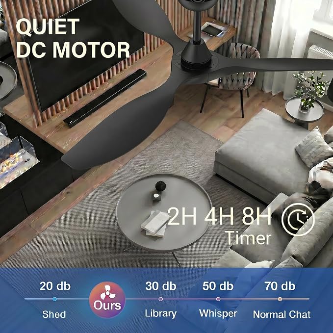 Roomratv Ceiling Fans with Lights, 52 Inch BLack Ceiling Fan, Remote Control,Quiet Reversible DC Motor,Dimmable,6 Speeds,Easy to Install,Modern Ceiling Fans for Bedroom,Living Room,Indoor,Outdoor