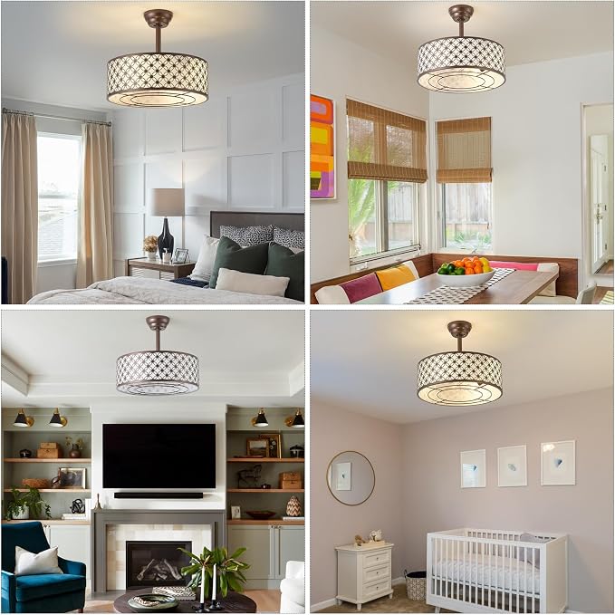 Brown Fandelier Ceiling Fan with Light, 20" Caged Brown Chandelier Ceiling Fans with Lights Remote Control, Fabric Mid-Century Modern with 6 Speeds for Bedroom, Nursery, Living Room.