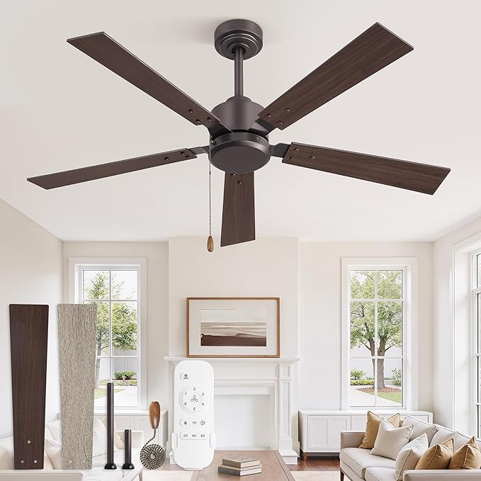 ZMISHIBO 52 Inch Ceiling Fan without Light, Farmhouse Ceiling Fan with Remote & Pull Chain, 6-Speeds, Quiet DC Motor, Brown Ceiling Fan no Light for Bedroom, office, Patio, Indoor/Outdoor Use