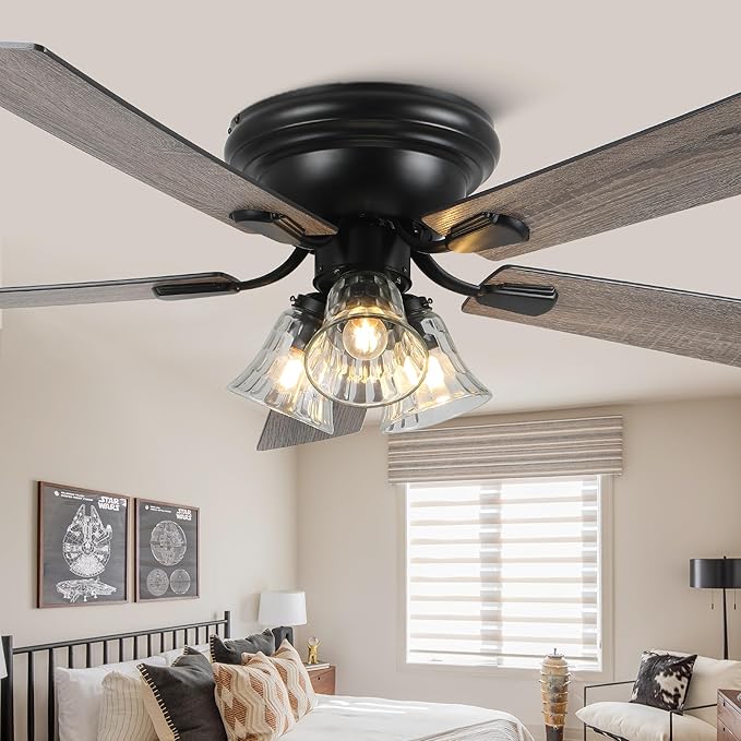52 Inch Flush Mount Farmhouse Ceiling Fan with Light and Remote Classic Low Profile Ceiling Fan for Living Room Bedroom Patio