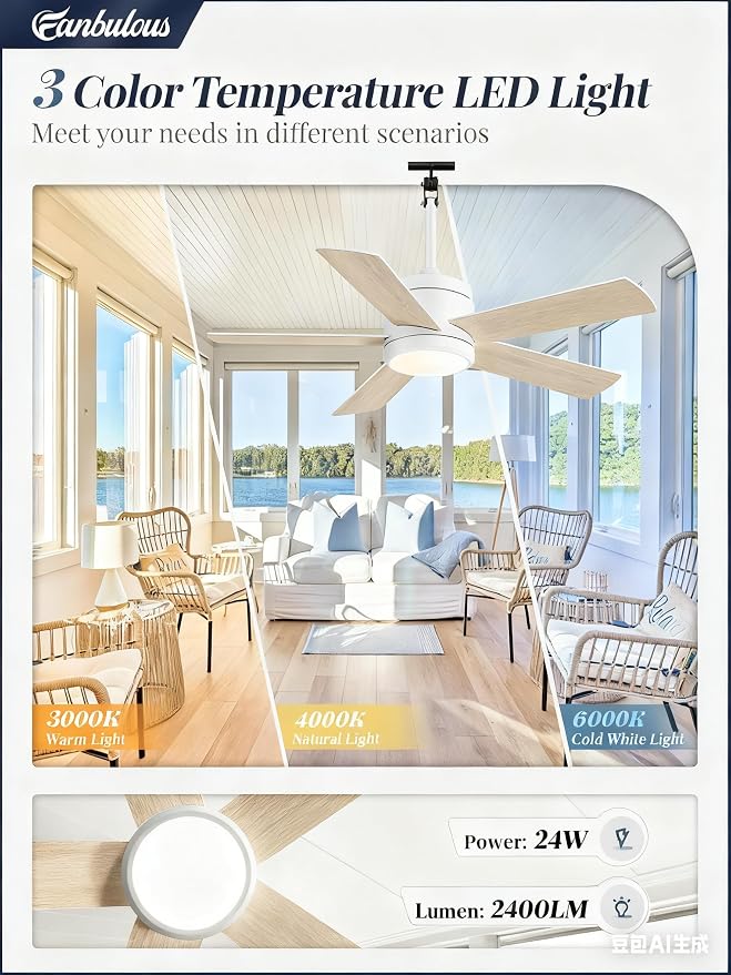 Fanbulous 42" Outdoor Ceiling Fan with Light and Remote, IP65 Waterproof, Plug-in Design with 10FT Cord, 6-Speeds, 3CCT, Hook Hanging Fan for Gazebo Patio Porch Garage Canopy(White)