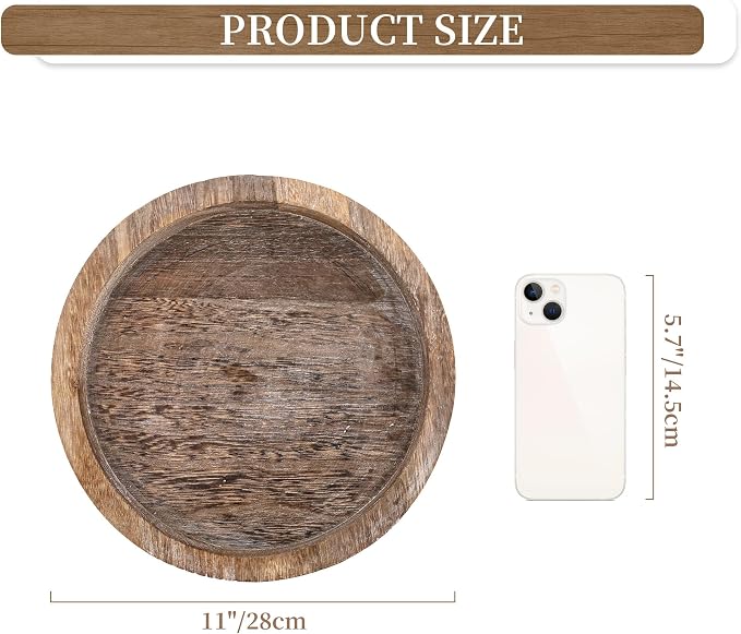 Hanobe Round Wooden Candle Holder Trays for Coffee Table, Distressed Finish | 11.2" Rustic Decorative Candlestick Plates for Kitchen Centerpiece, Farmhouse Living Room Fall Decor