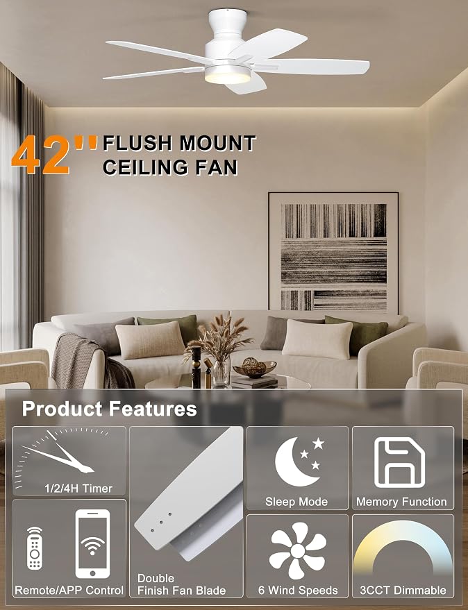 Ohniyou Ceiling Fans with Lights, 42'' Low Profile Ceiling Fan with Light and Remote/APP Control, Modern Flush Mount Ceiling Fan for Indoor Bedroom Kitchen, Dimmable, Quiet DC Motor, White