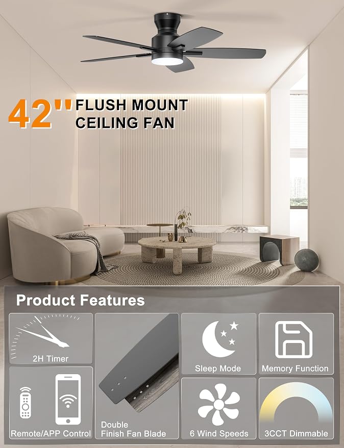 Ohniyou Ceiling Fans with Lights, 42'' Low Profile Ceiling Fan with Light and Remote/APP Control, Modern Flush Mount Ceiling Fan for Indoor Bedroom Kitchen, Dimmable, Quiet DC Motor, Black