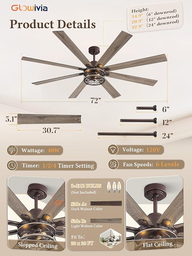 72 Inch Ceiling Fans with Lights, Farmhouse Ceiling Fan with Lights and Remote, Dual Finish 8 Blades Black Caged Rustic Ceiling Fans with 6 Speed Reversible Motor for Indoor/Covered Outdoor