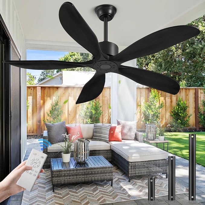 52" Ceiling Fan Without Lights 5 Blades Ceiling Fans with Remote Black | Ceiling Fan Without Lights for Patios Indoor, ETL Listed, Timer, 6 Speeds, 3 Color, Reversible Quiet DC Motor, Under 25dB