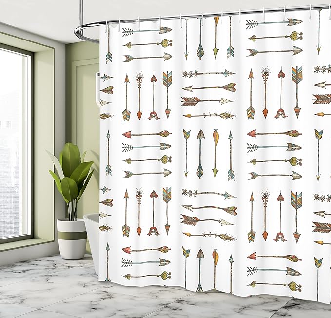Ambesonne Ethnic Shower Curtain, Vintage Style Colorful Symbols Cartoonish Design, Polyester Fabric Bathroom Shower Curtain Set with Hooks, 69" W x 70" L, Tan White