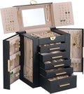 Lolalet Large Jewelry Box Organizer for Women, 6-Layer Jewelry Organizers and Storage Case with Mirror & 5 Drawers, Lockable Watch Ring Earring Bracelet Necklace Holder Girls Gift -6Layer, Black