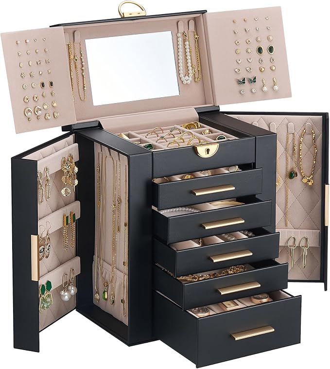 Lolalet Large Jewelry Box Organizer for Women, 6-Layer Jewelry Organizers and Storage Case with Mirror & 5 Drawers, Lockable Watch Ring Earring Bracelet Necklace Holder Girls Gift -6Layer, Black
