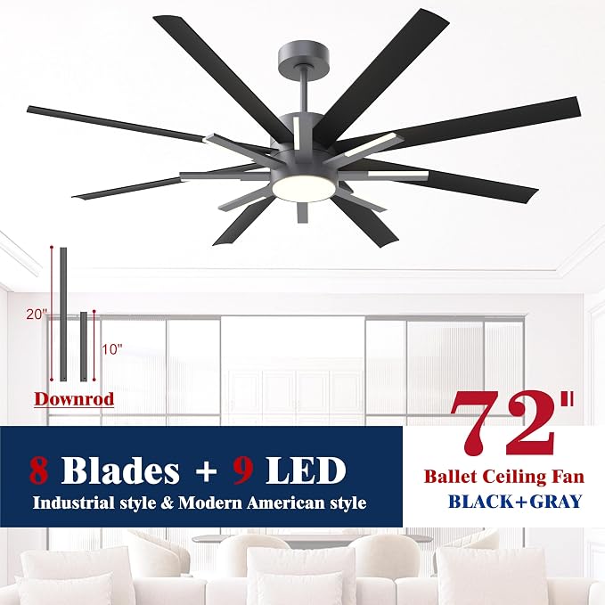 72 inch Black Ceiling Fans with Lights and Remote, Modern Large Ceiling Fan for Living Room Bedroom Patio，6 Speed Reversible，8 Blades and 9 Lights，3 CCT，Black Gray