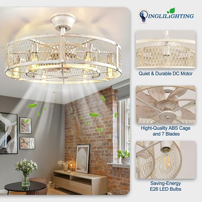 DLLT Caged Ceiling Fan with Lights: 26" Large Bladeless Fandelier with Light and Remote - Cement Industrial Chandelier Fan Light Semi Flush Mount Rustic Enclosed Fans Bedroom Dining Room Kitchen