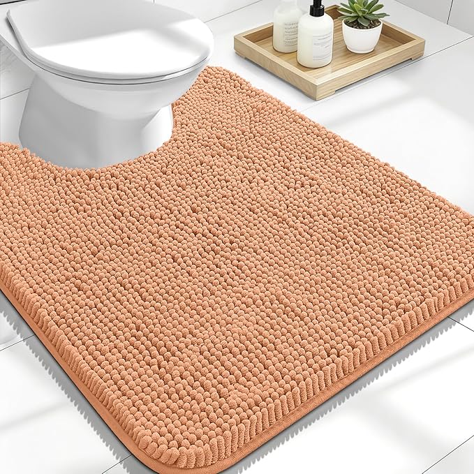 OLANLY Toilet Rugs U-Shaped 24x20, Extra Soft Absorbent Chenille Contour Bathroom Rugs for Toilet, Dry Quickly, Machine Washable, Non-Slip Bath Mat, Peach