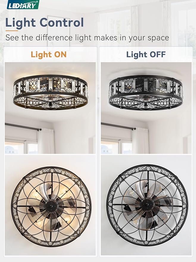 LEDIARY 20" Caged Ceiling Fans with Lights,Flush Mount Vintage Victorian Rustic Crystal Fandelier,Low Profile Farmhouse Enclosed Ceiling Fan with Light and Remote for Bedroom,Kitchen,Indoor(Black)