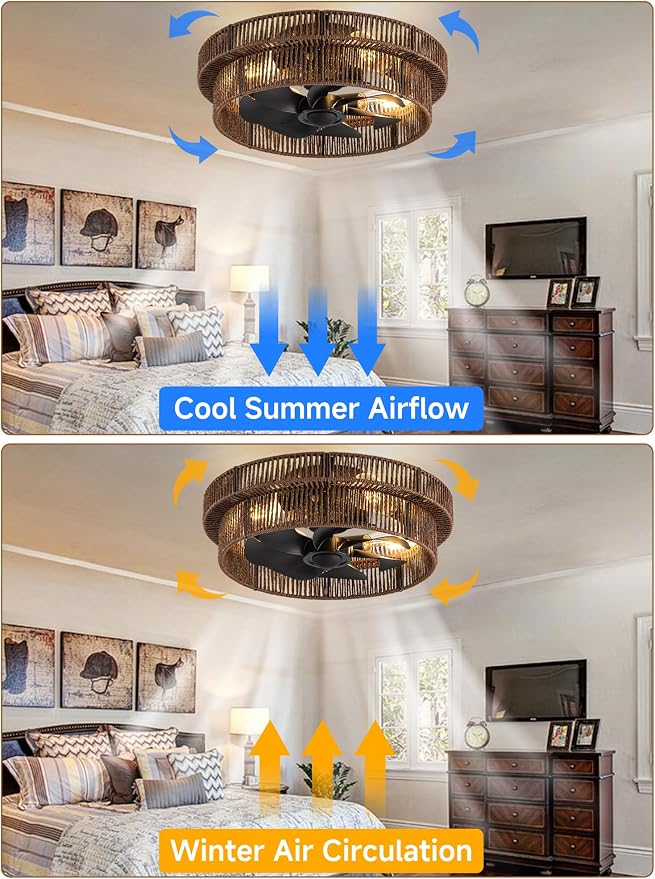 Handwoven Boho Ceiling Fans with Lights Flush Mount,Black Farmhouse Caged Fandelier Low Profile Enclosed Chandelier Fan with 6 Speeds for Bedroom,Nursery,Dining Room(Rattan Brown)