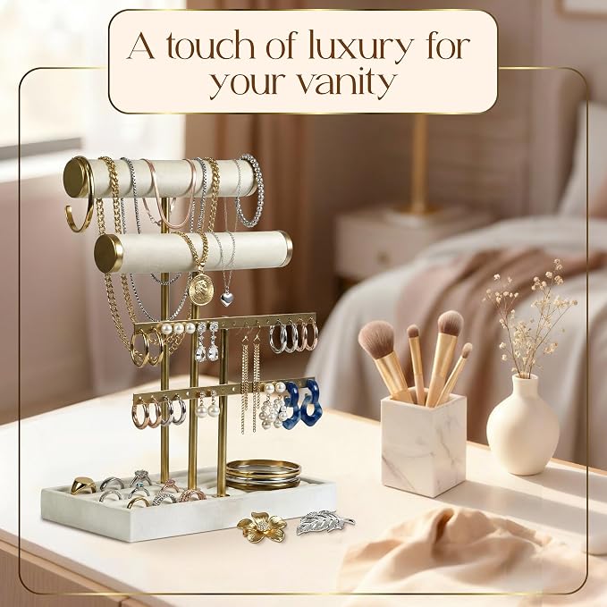 Jewelry Tower Stand Organizer for Women - Soft Touch Velvet Elegant Jewelry Holder Display with Necklace Holder, Earring Organizer & Bracelet Rack - Tabletop Stand for Dresser, Vanity, Desk - White
