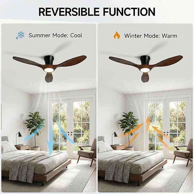 Skylike 42" Flush Mount Wood Ceiling Fan with Lights, 3 Blade Low Profile Farmhouse Ceiling Fan with Remote Control,Quiet Indoor/Outdoor Dark Walnut Ceiling Fan for Patio,Gazebo, Balcony, Living Room
