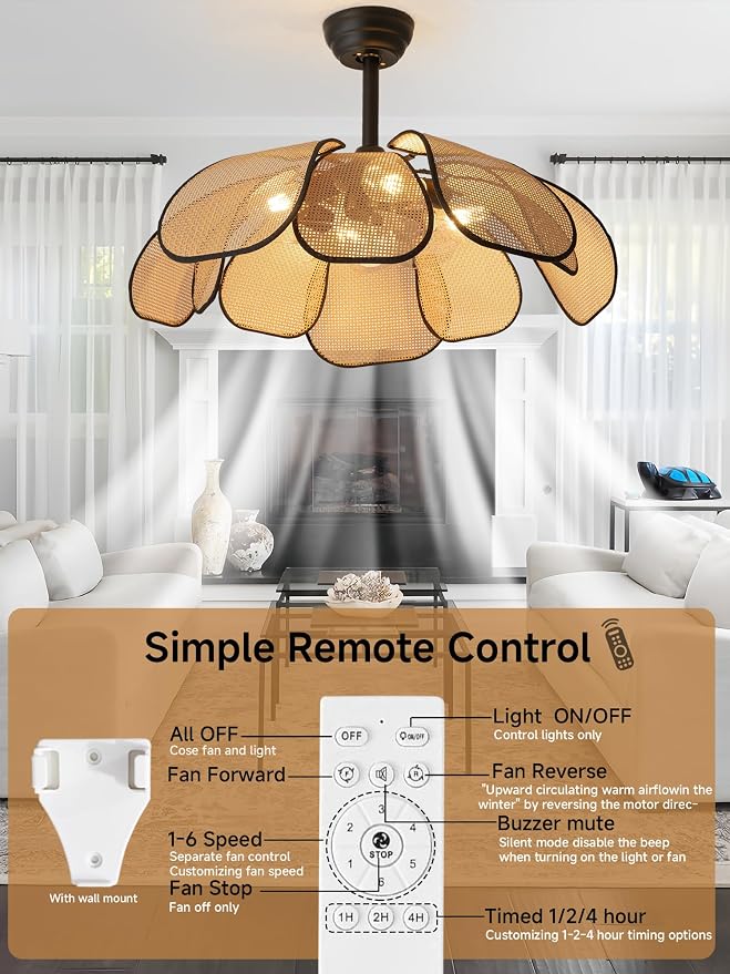 26 Inch Fandelier Rattan Ceiling Fans with Lights and Remote,Boho Black Chandelier Ceiling Fan for Dining Living Room,Bedroom,Kitchen,4-Light