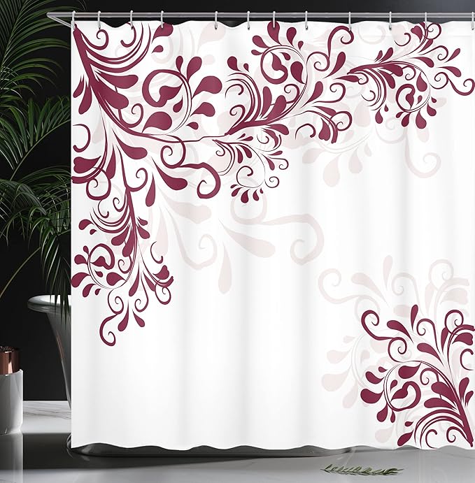 Ambesonne Oriental Shower Curtain, Floral Ivy Swirls and Leaves Abstract Modern Frame Like Artwork Image, Cloth Fabric Bathroom Decor Set with Hooks, 69" W x 70" L, Maroon Eggshell